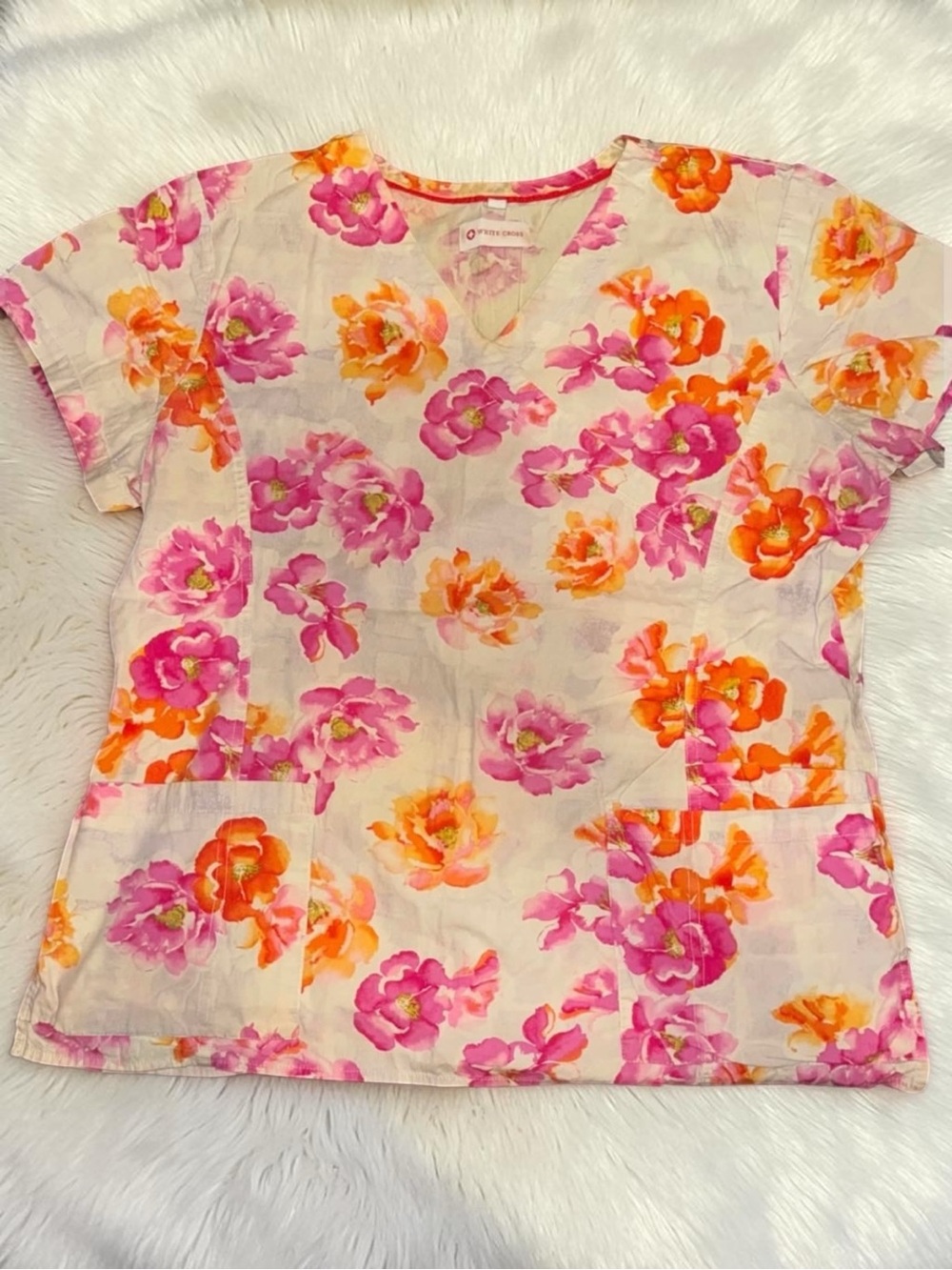 Pink & Orange Floral V-Neck Women's Nursing Scrub Top - White Background